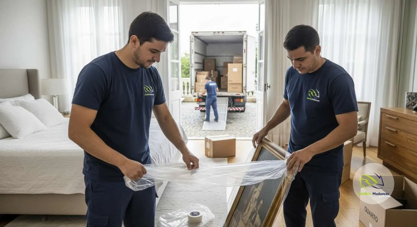 Equipe de transporte de móveis realizando mudança comercial